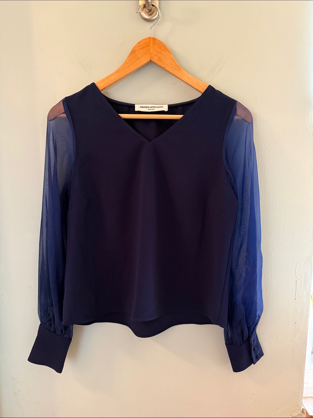 Amanda Uprichard Cobalt Blue V-Neck Blouse with Sheer Long Sleeves